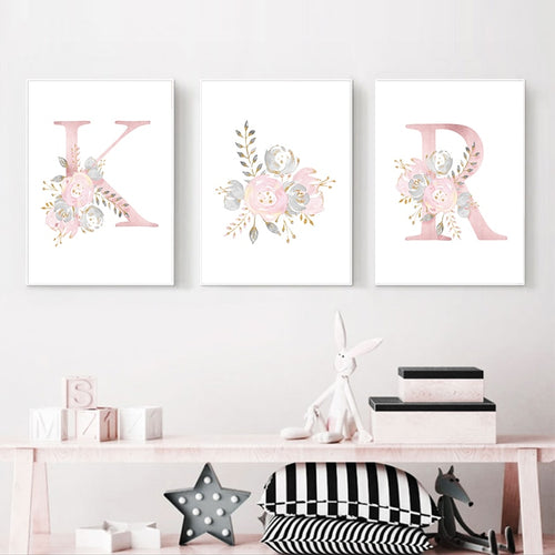 Baby Posters Personalized Girl's Name Custom Poster Nursery Prints Pink Flower Wall Art Canvas Painting Pictures Baby Room Decor