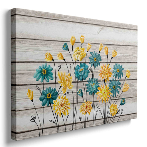 Blue and Yellow Flowers Canvas Wall Art Wood Board Background Decor