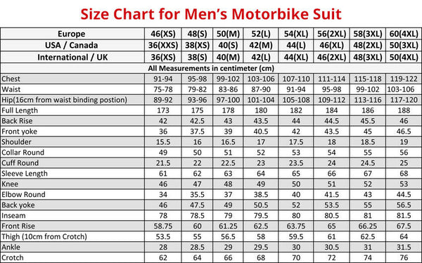 Motorbike Suit Sizing Chart - Zees Moto