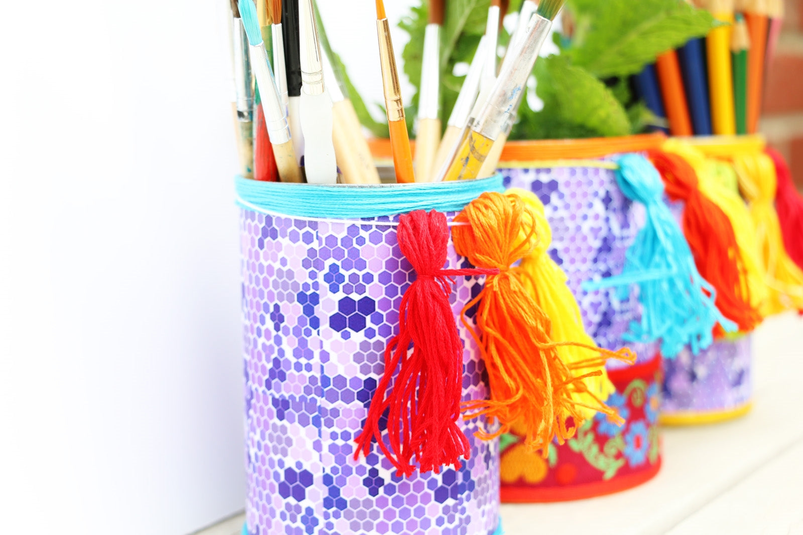 How to Glue Fabric and Paper onto Metal: Colorful Boho Can Organizers