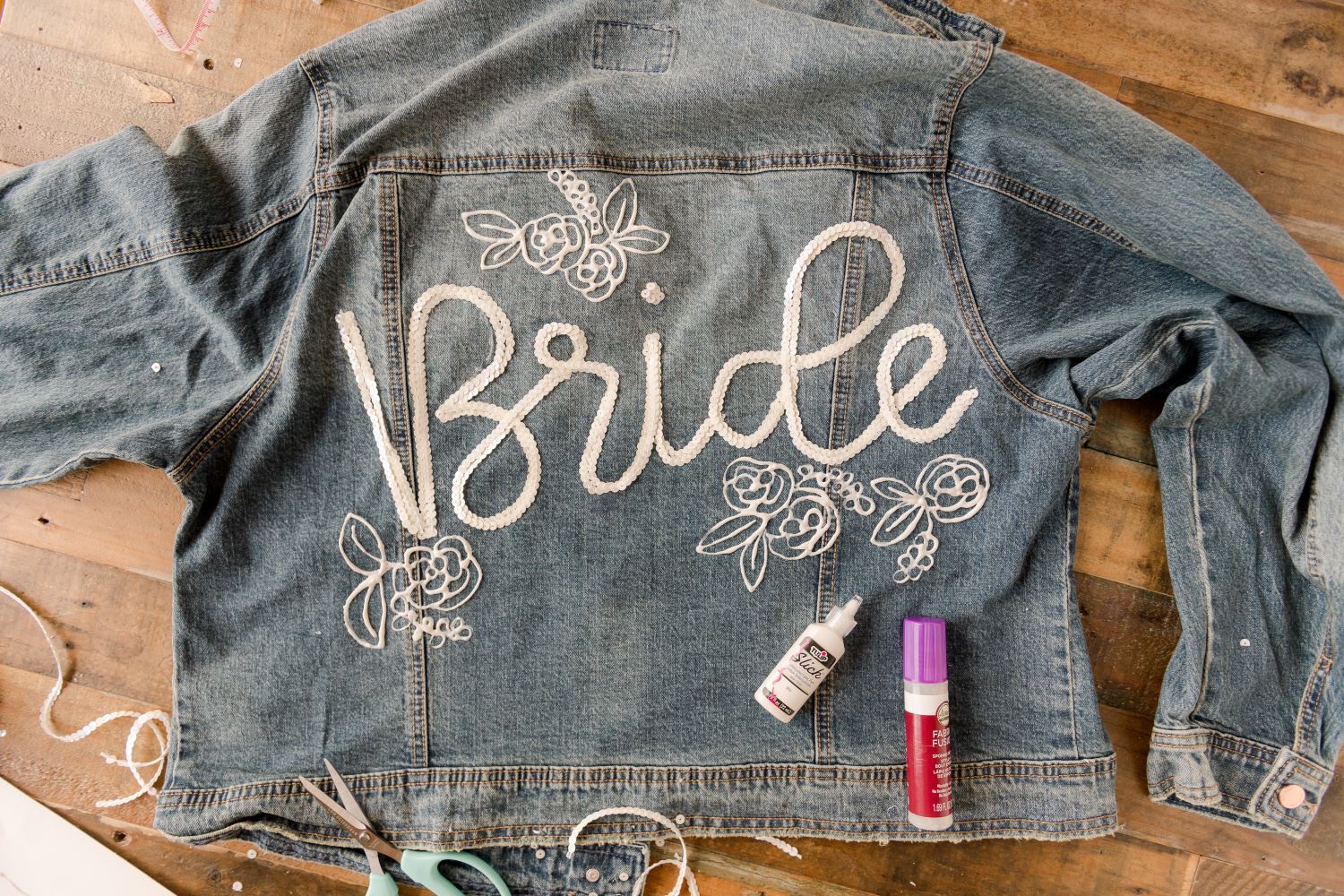 Custom bridal jacket with sequins and Puff Paint