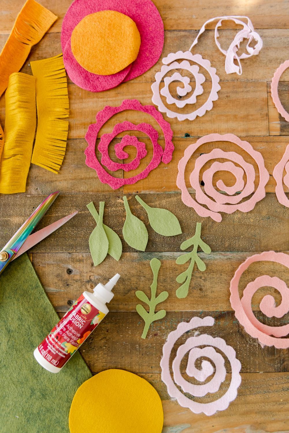 Cut textured spirals to create felt flowers