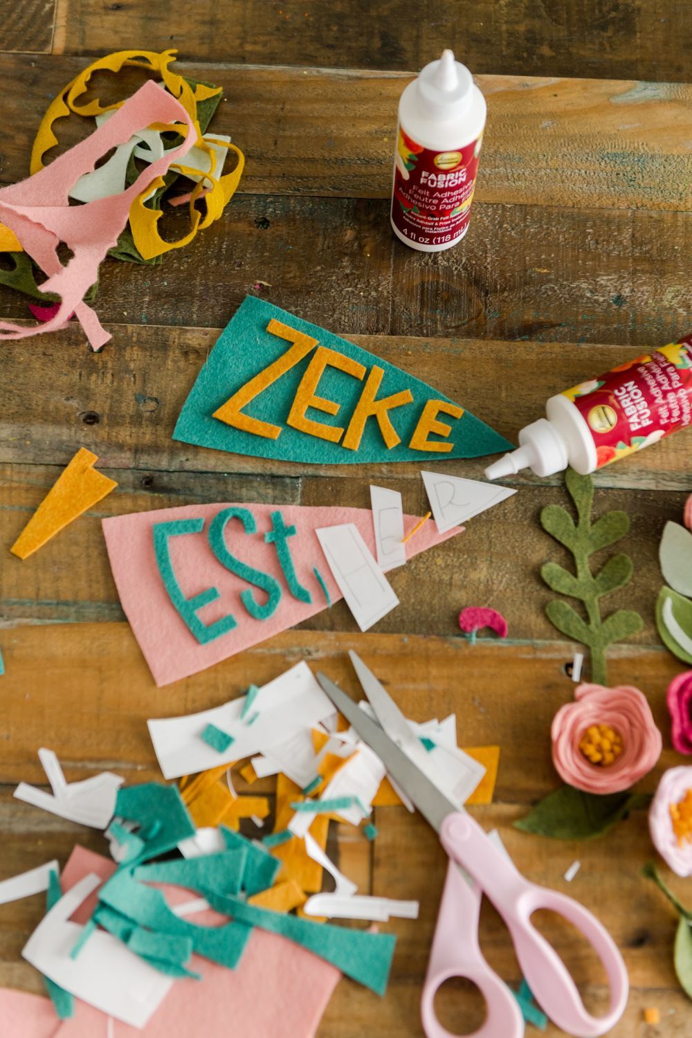 Personalized pennants with felt and fabric glue