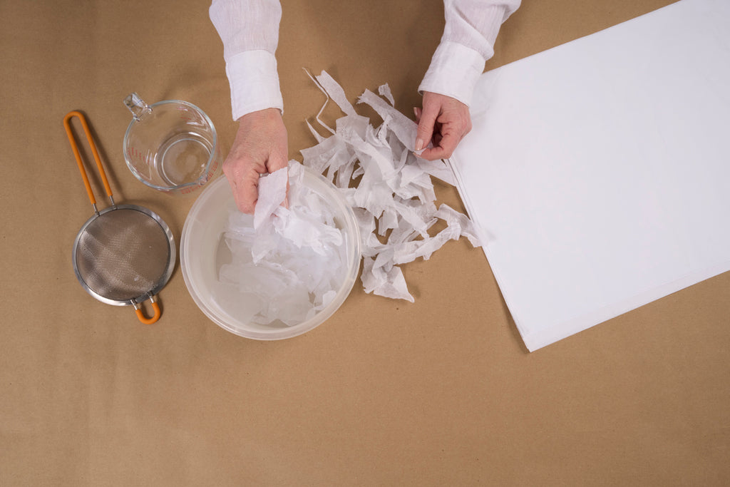 Submerge tissue paper to create papier-mâché pulp