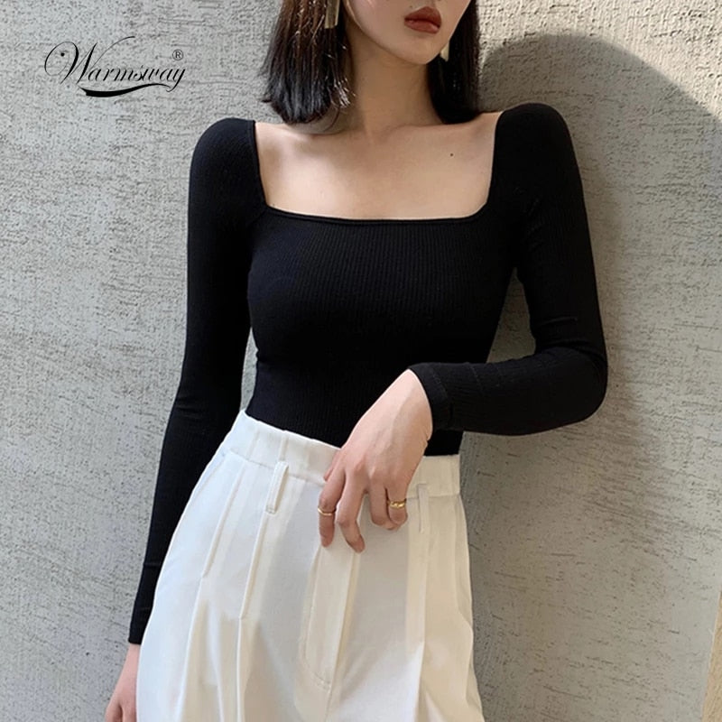 Black Office Lady Elegant Scoop Neck Long Sleeve Solid Mercerized Cotton Pullovers Tee 2021 Casual W