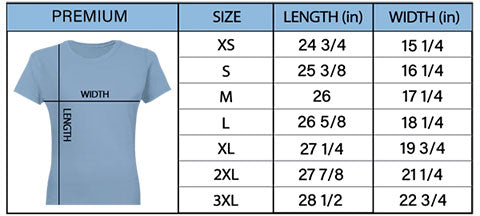 size chart for premium women t-shirt, for detail, check the size chart for t-shirt brand, nexl level 3900