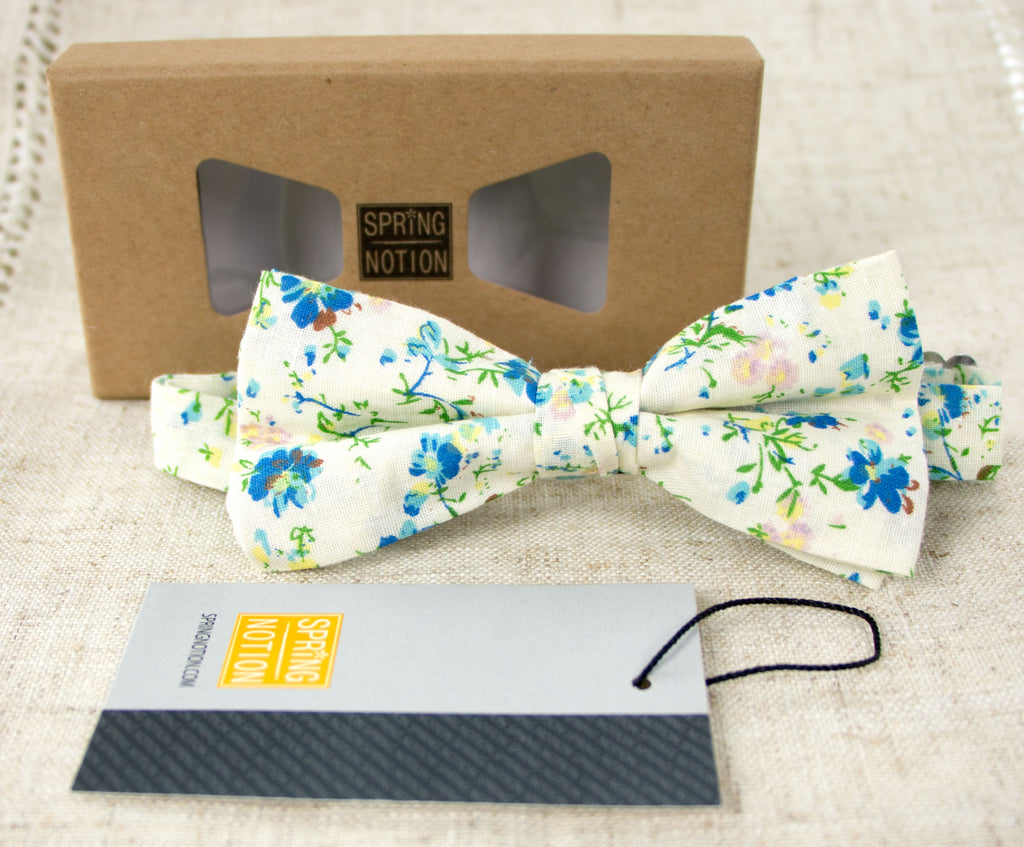 Men's Cotton Floral Print Bow Tie, Blue (Color 26)