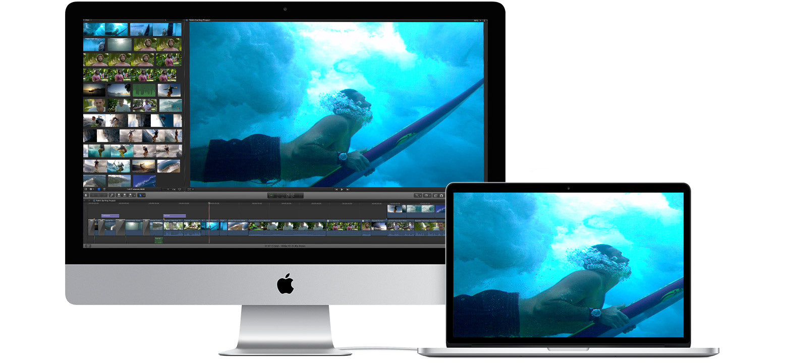 imac and macbook displaying a surfer in water
