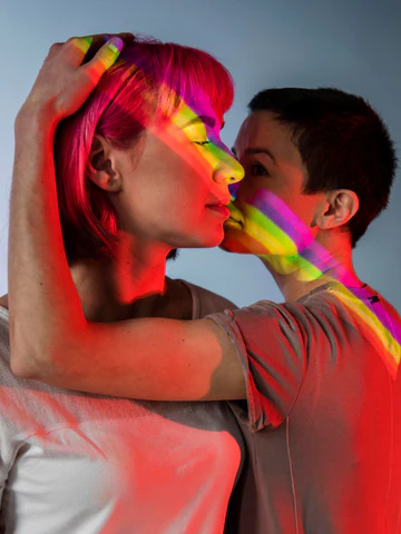 Lesbian couple with rainbow projection