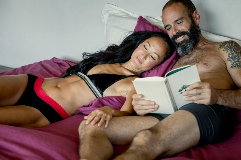 Woman menstrual panties bed with man