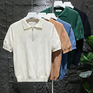 Mens T-Shirt Summer Polo Shirt Ice Silk Daily Solid Grid Veins Classic Retro Short Sleeve Slim Fit Men's Trendy Tops New 2024 - NewHein
