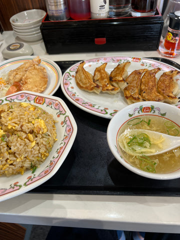 fried rice, dumplings, and fried chicken.