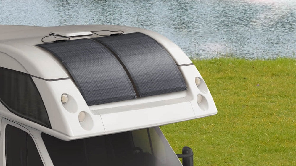 EcoFlow 100W Flexible Solar Panel installed on the curved roof of RV