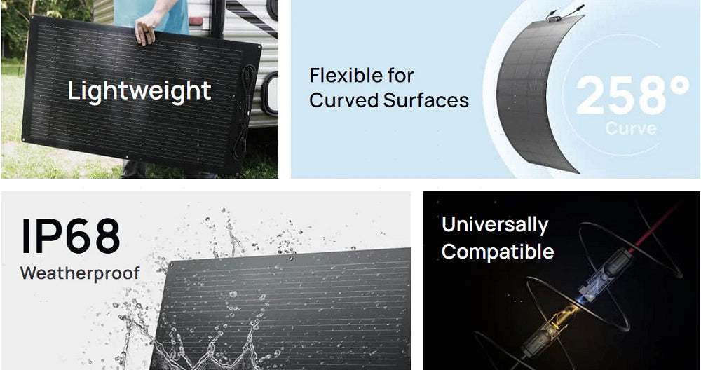 EcoFlow 100W Flexible Solar Panel is lightweight, flexible for curved surfaces, weatherproof, universally compatible.