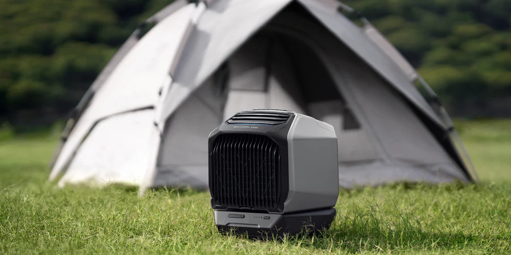 EcoFlow Wave 2 with Battery on the grass by the camp tent