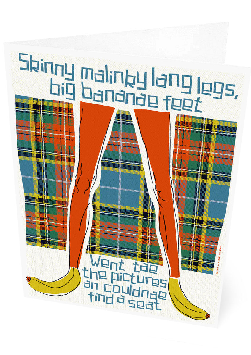 Skinny malinky long legs, big bananae feet (on tartan) card Indy Prints