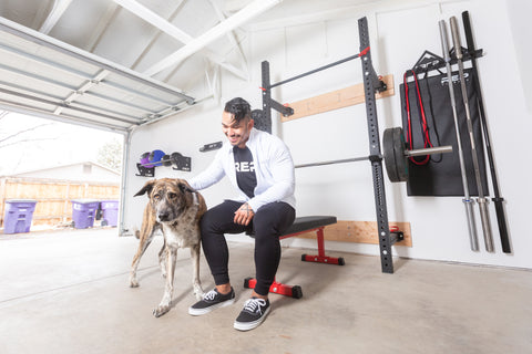 Man and dog with a flat bench