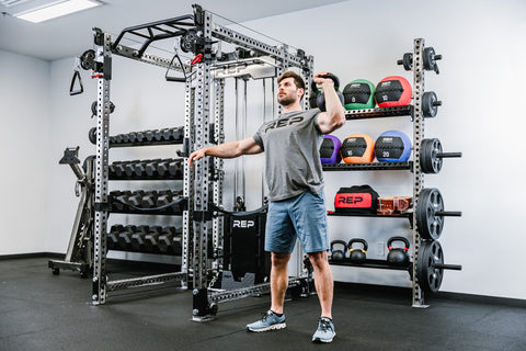 Man working out by a modular storage system