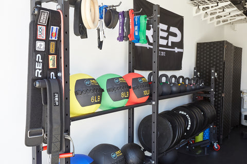 A storage wall in a garage gym