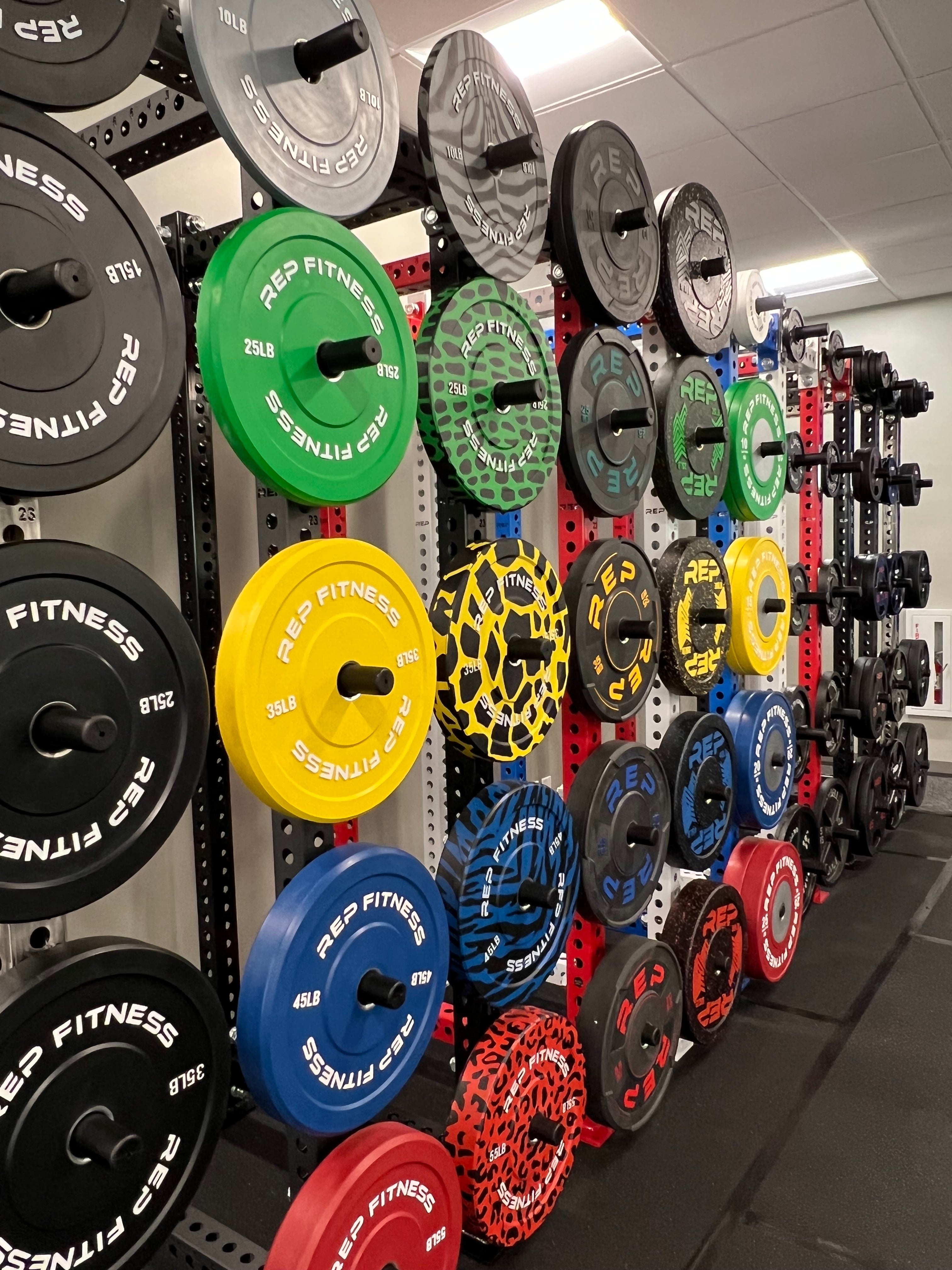 Wall display of REP Fitness Bumper Plates.