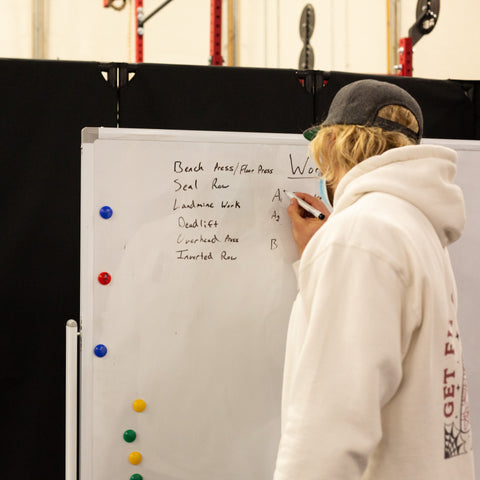 Lifter writing goals on a dry erase board