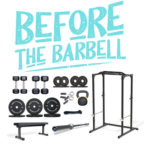 Power rack, weight plates, dumbbells, flat bench, kettlebell, spring clips, pull-up band, and barbell