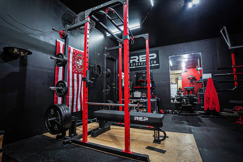 A black and red home gym