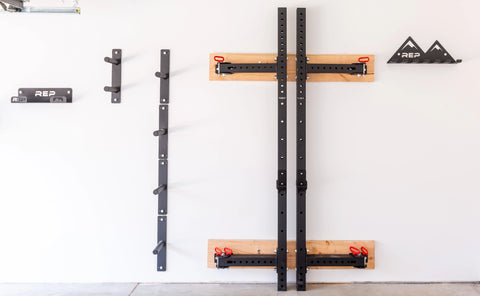 A storage wall in a garage gym