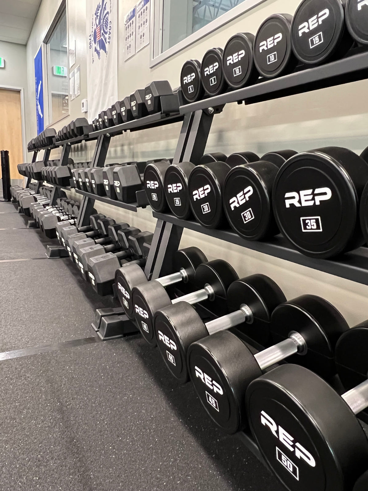 Urethane Dumbbells Displayed on Dumbbell Rack In Showroom