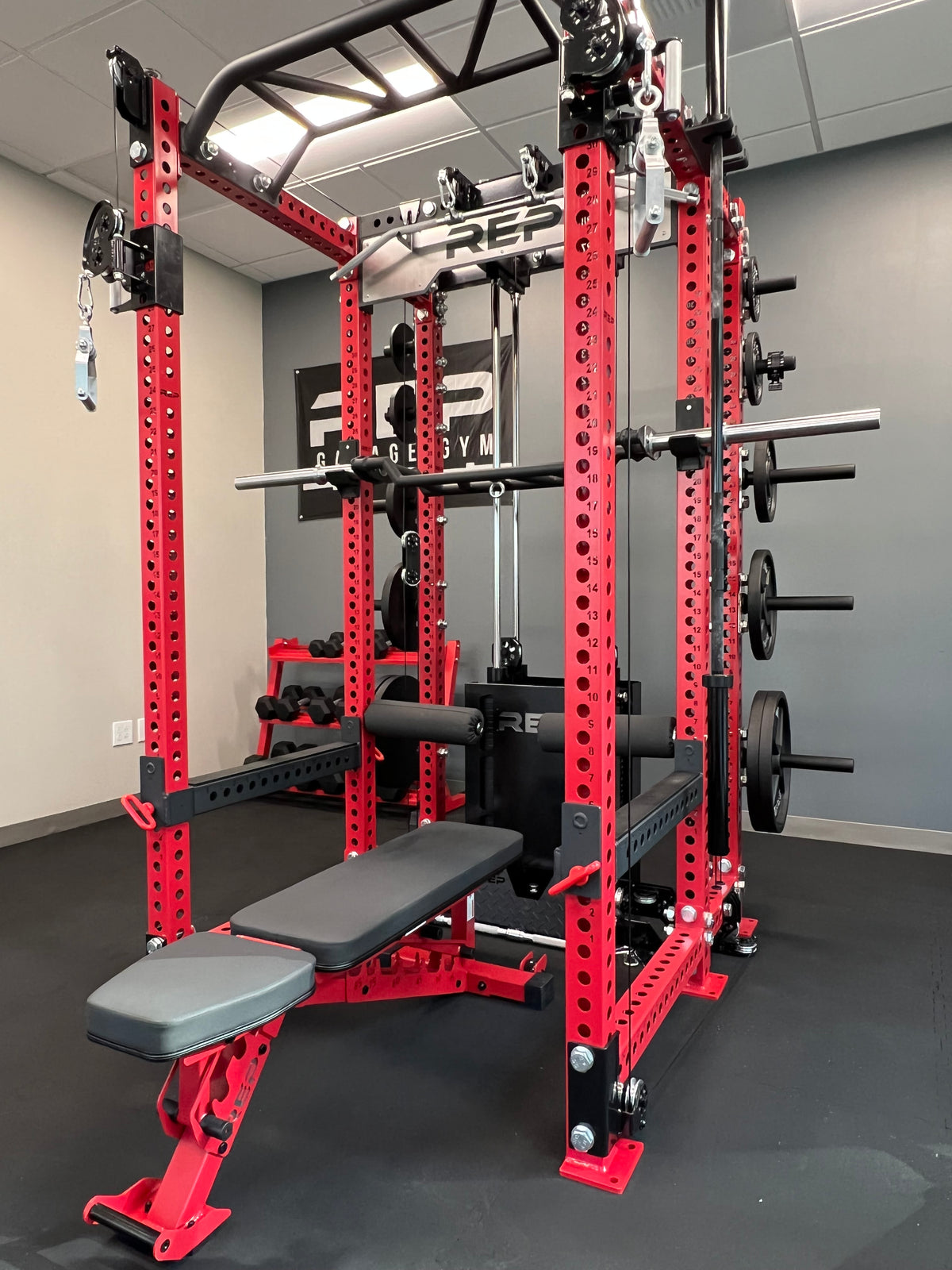 PR-5000 Power Rack in Red With Multi-Grip Pull-Up Bar and Athena