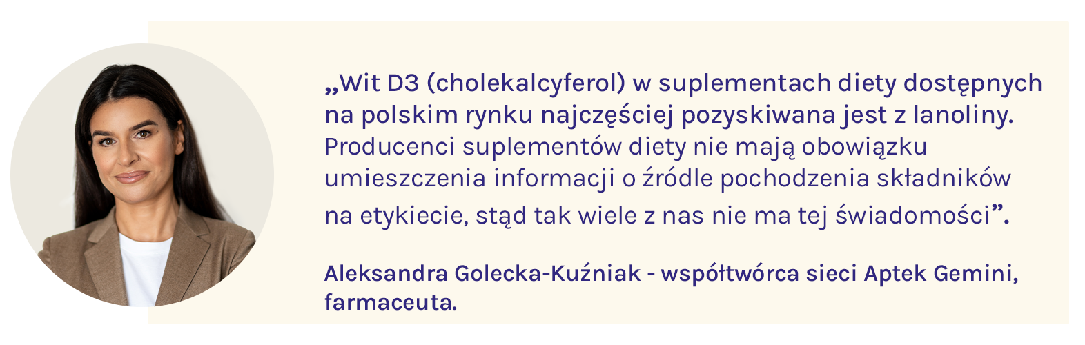 Aleksandra Golecka-Kuźniak mówi o tym, że witamina D3 w suplementach diety najczęściej pochodzi z lanoliny