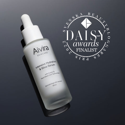 Aivira Intensive Hydration & Glow Serum on black background with Daisy Beauty Award Nomination badge