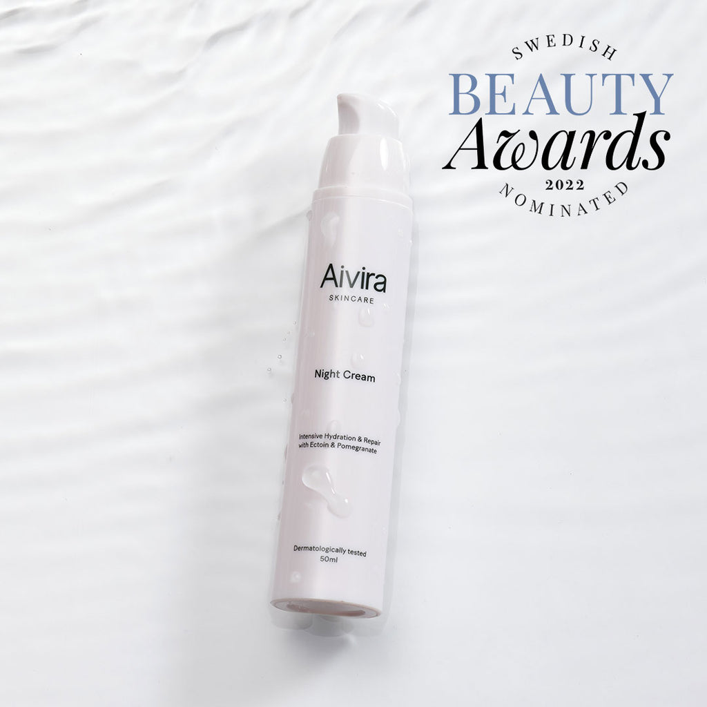 Aivira Skincare Night Cream in water with Swedish Beauty Awards Nomination logo