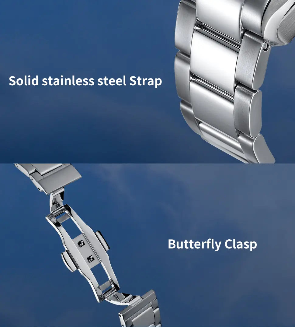 solid stainless steel strap with butterfly clasp