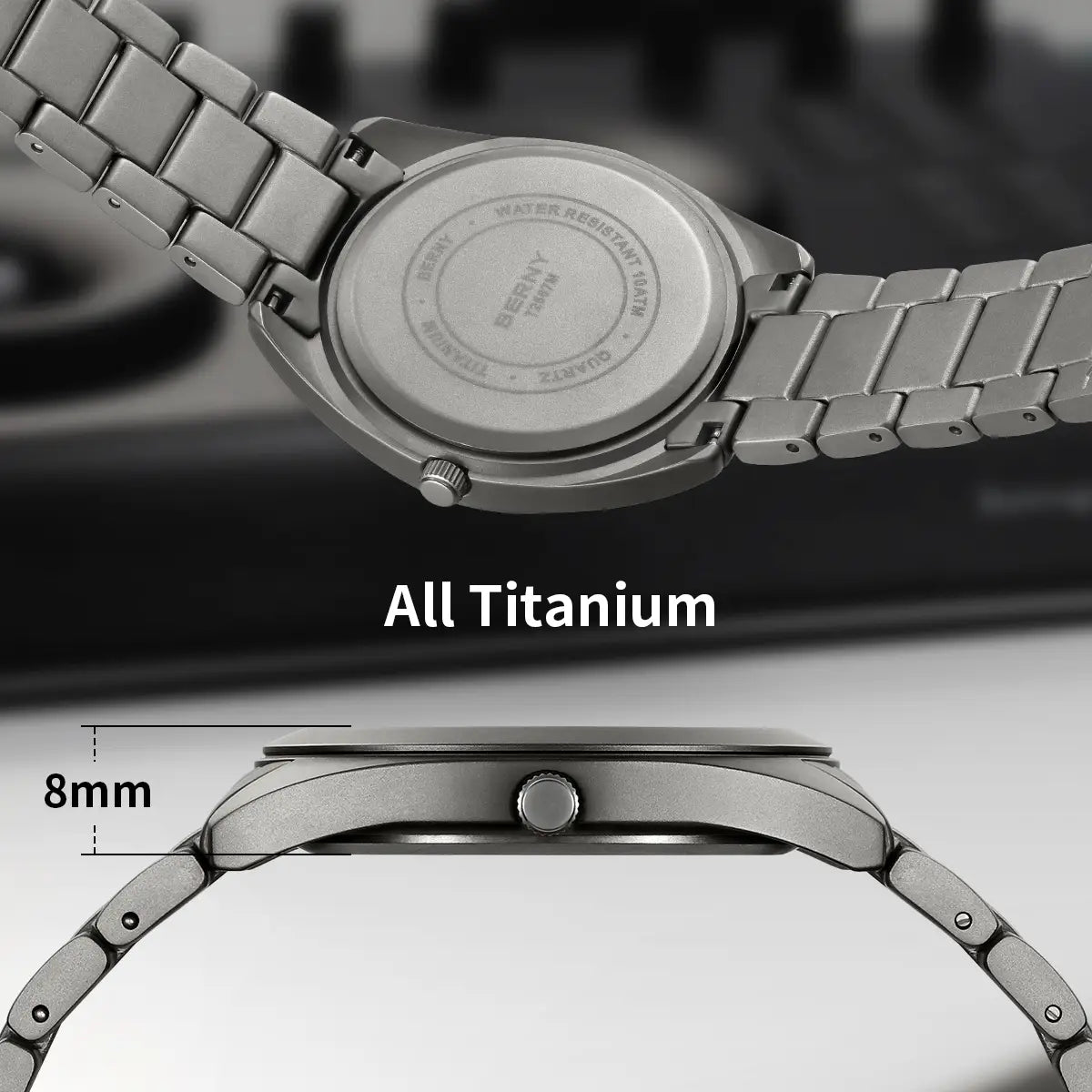 thickness of watch case only 8mm; entire watch is made of titanium