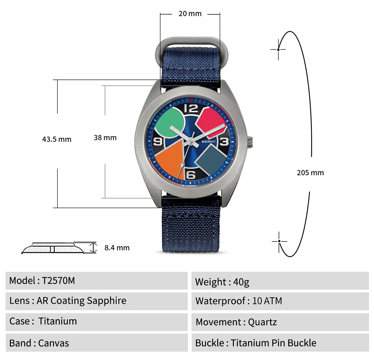 data and size of BERNY titanium dress watch