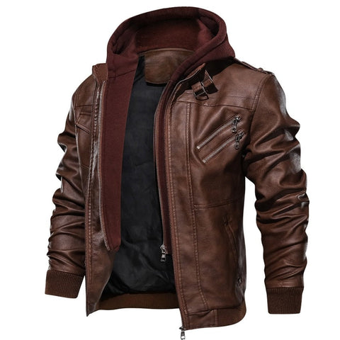 aqueta de Couro com Capuz Masculina Casual Motoqueiro