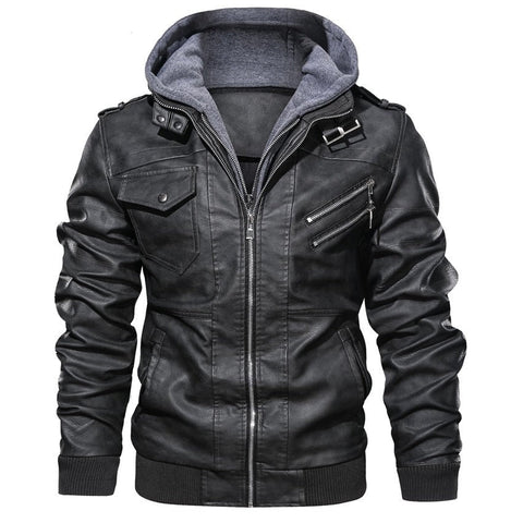 aqueta de Couro com Capuz Masculina Casual Motoqueiro