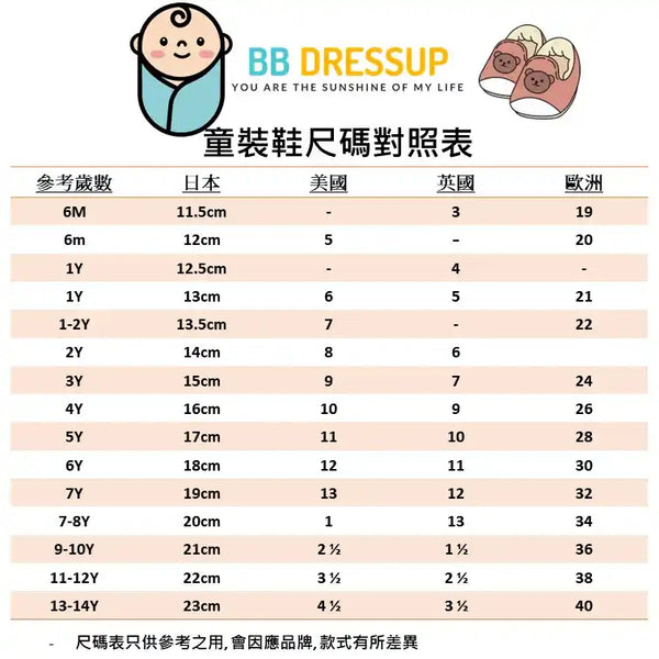 童裝鞋尺碼對照表, 包括日本尺碼|美國尺碼|英國尺碼|歐洲尺碼, 適合尋找嬰兒及童裝鞋尺碼人士參考