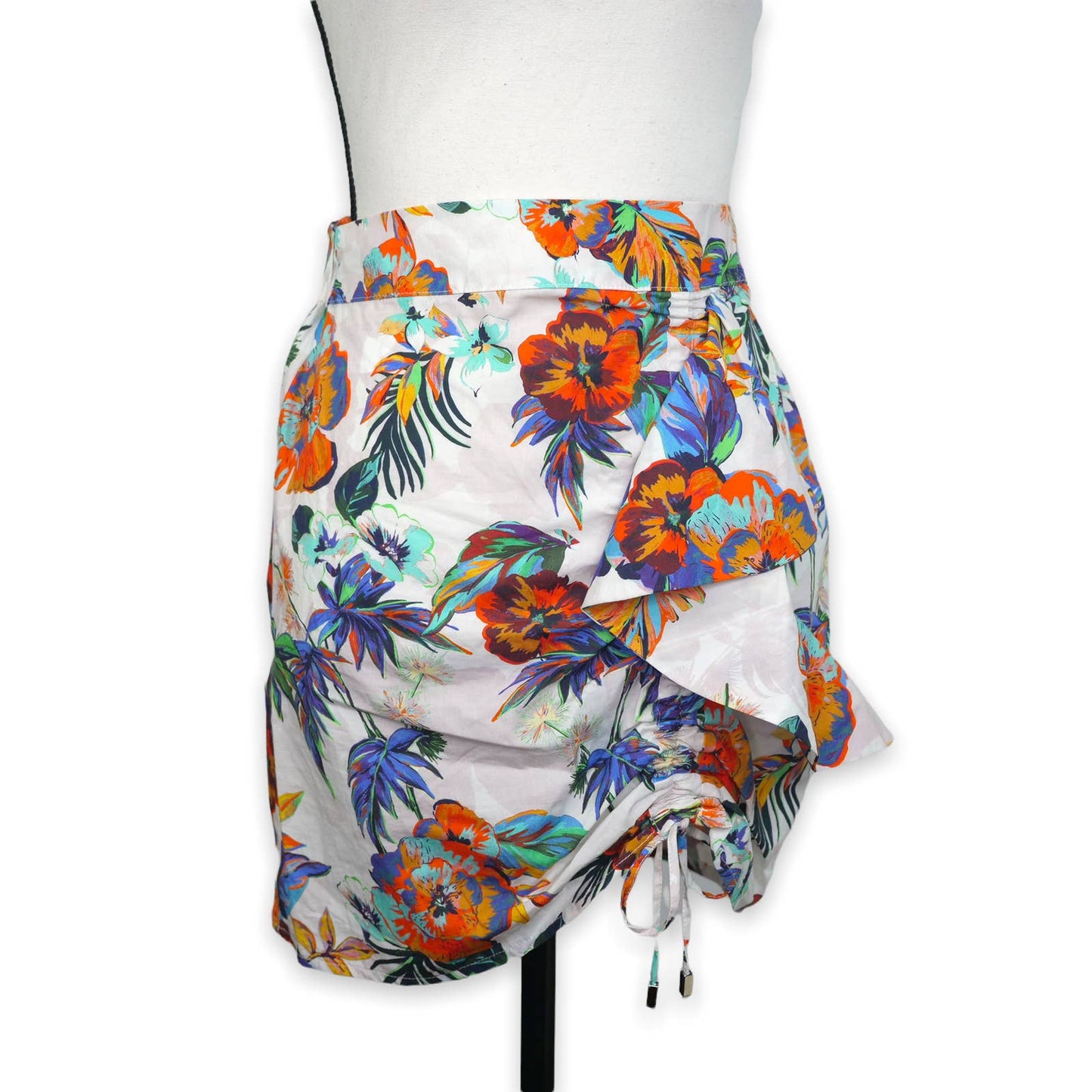 MNG Casual Tropical Mini Skirt Size S Colorful Floral Ruffle Ruched Resort Boho