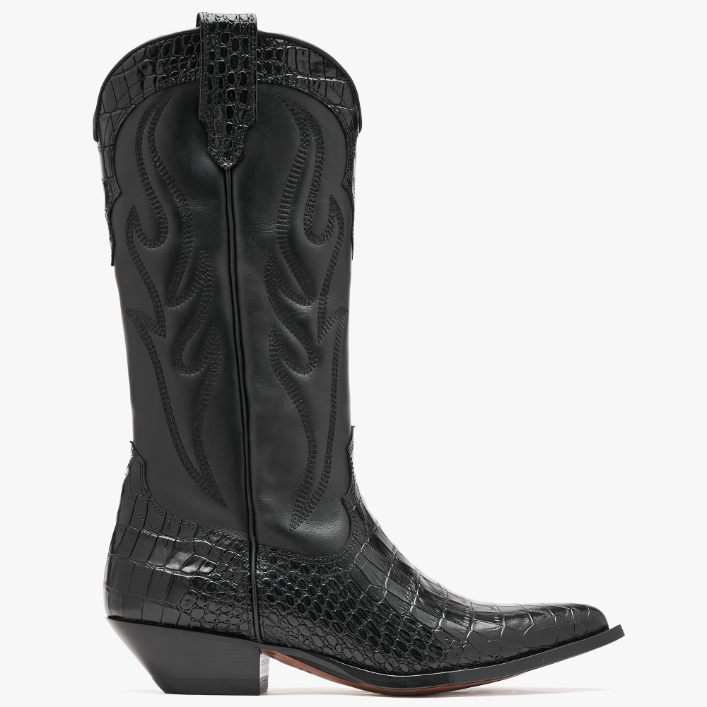 Sonora Women's Santa Fe Moc Croc Black Leather Western Calf Boots In Black - Black