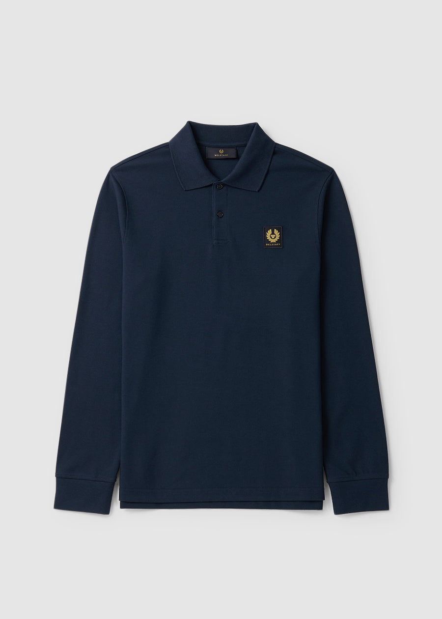 Image of Belstaff Mens Logo Long Sleeved Poloshirt In Dark Ink