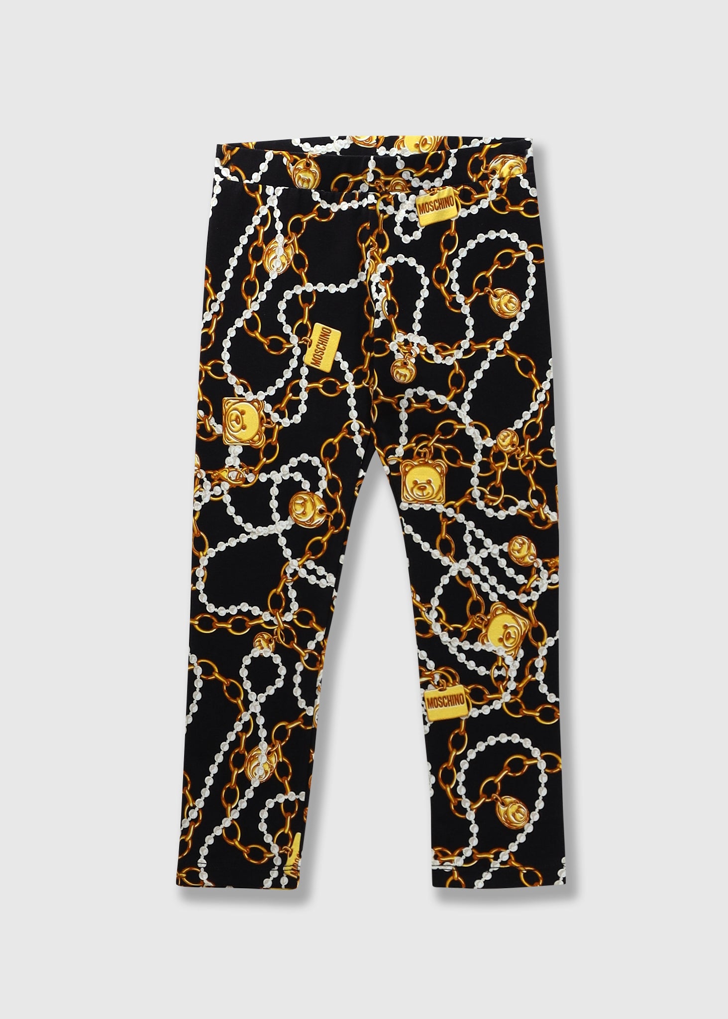 Image of Moschino Kids Chain Bear Allover Print Leggings In Black Toy