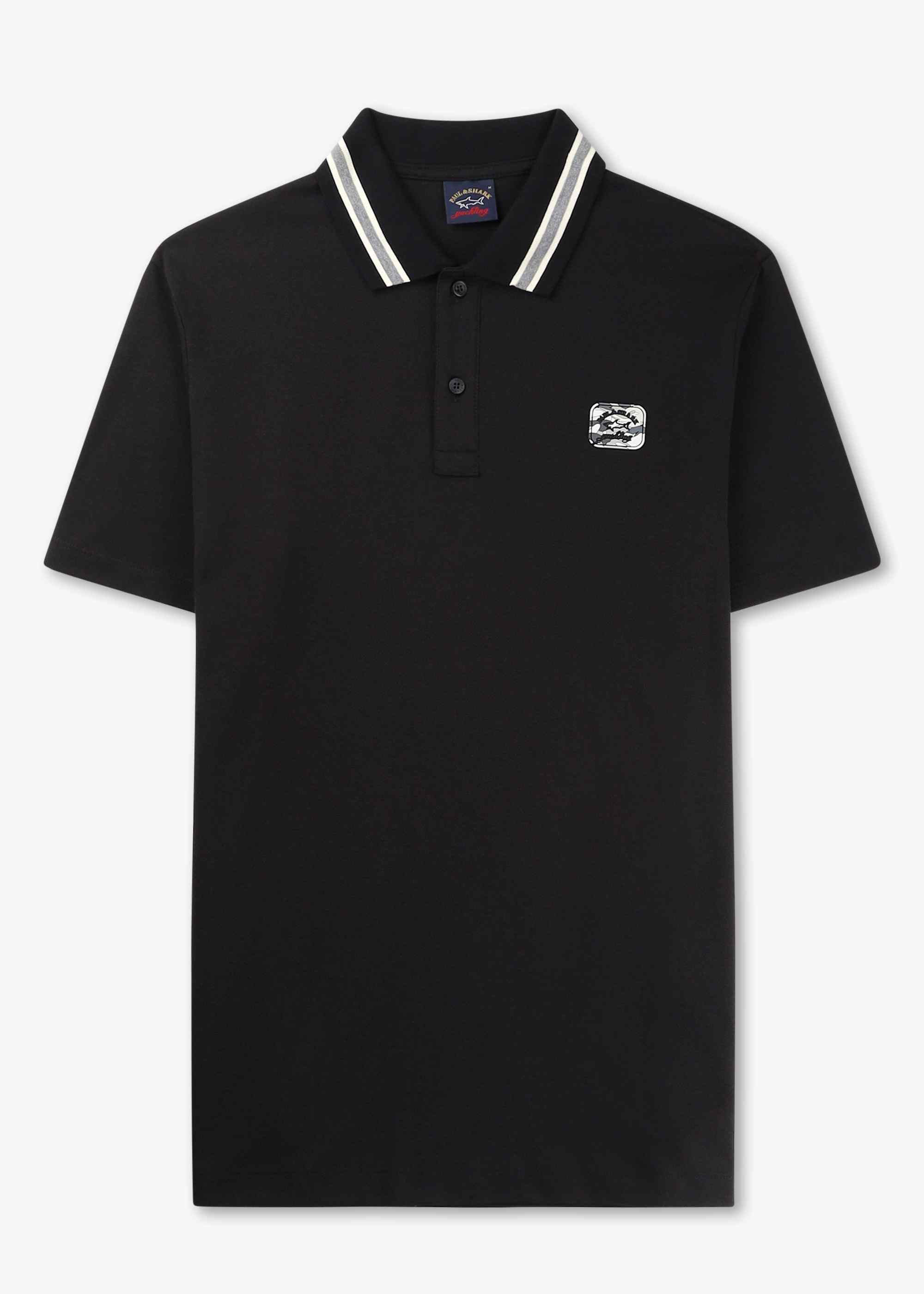 Image of Paul & Shark Mens Cotton Pique Polo Shirt With Iconic Badge In Black