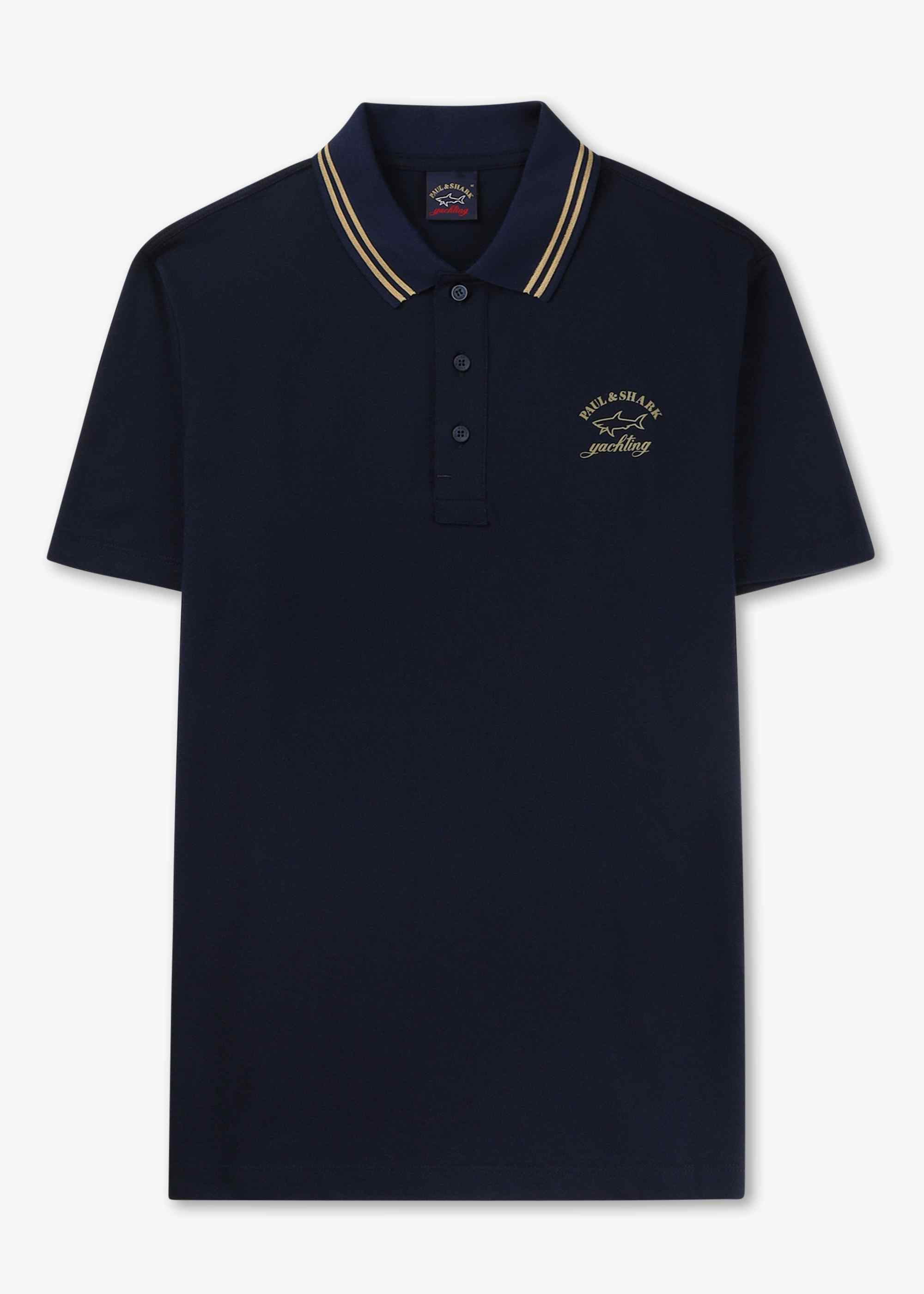 Image of Paul & Shark Mens Cotton Pique Polo Shirt With Reflective Print In Navy