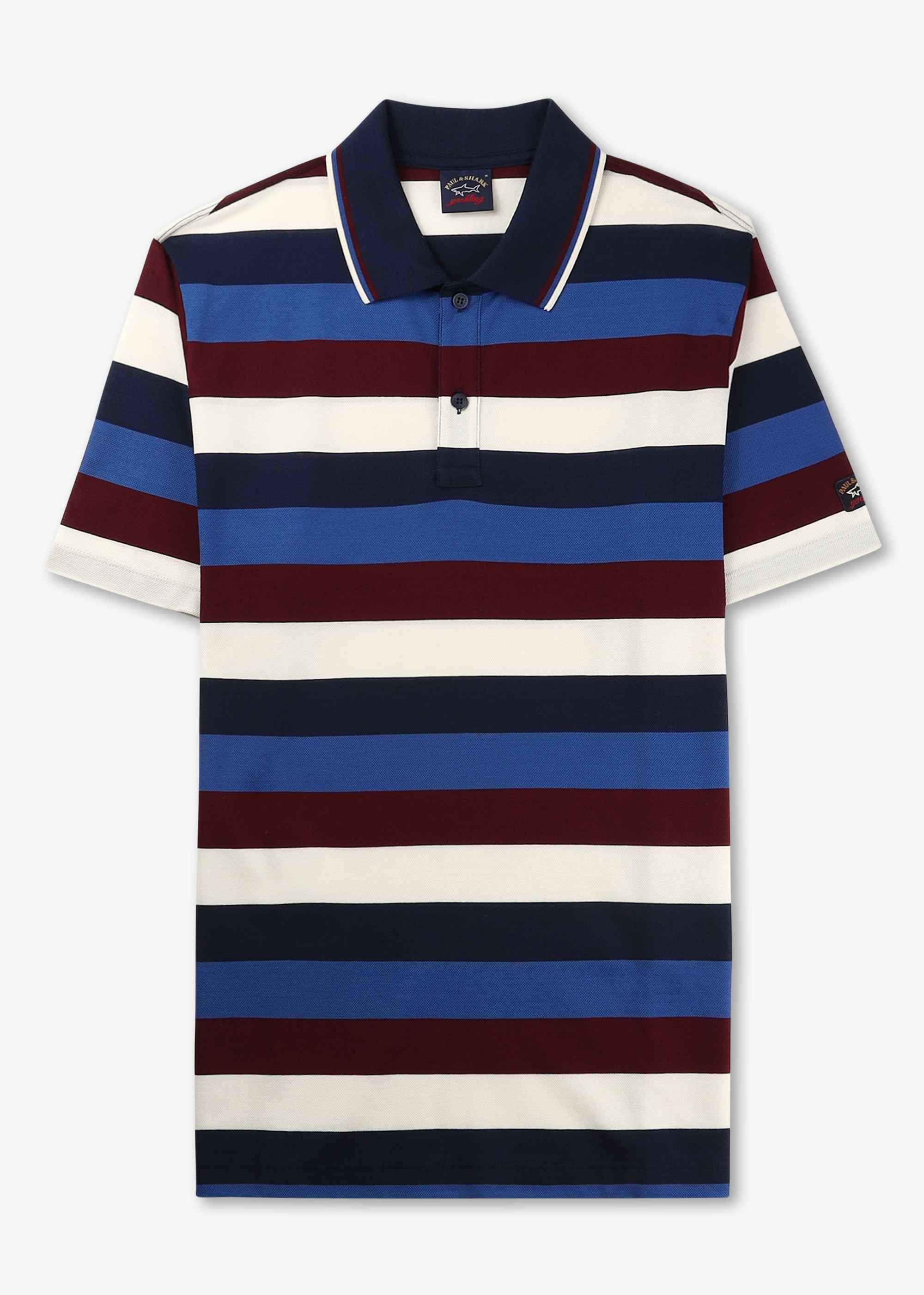 Image of Paul & Shark Mens Pique Poloshirt With Iconic Badge In Cream-Bordeaux-Cobalt Blue