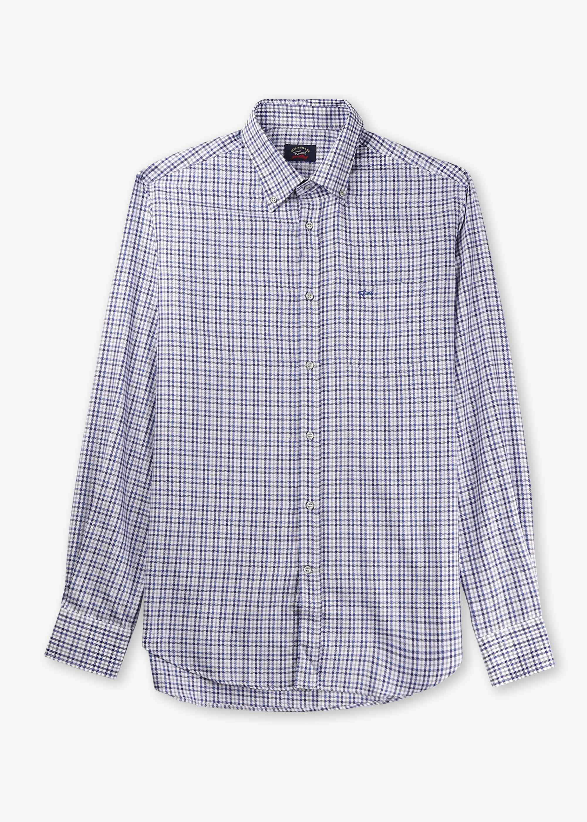 Image of Paul & Shark Mens Silver Cotton Satin Shirt In Blue Royal Checks On White