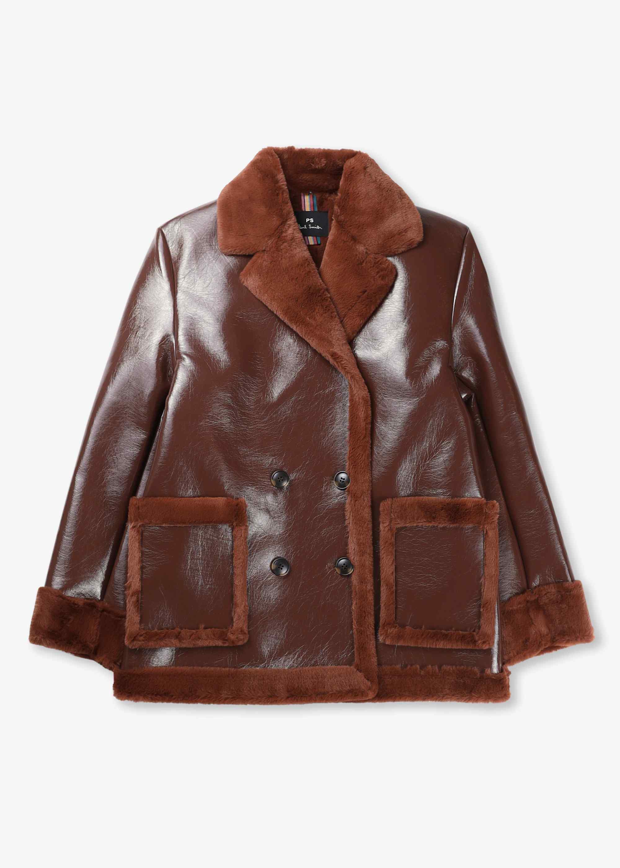 Ps Paul Smith Womens Faux Sherling Double Breasted Jacket In Browns