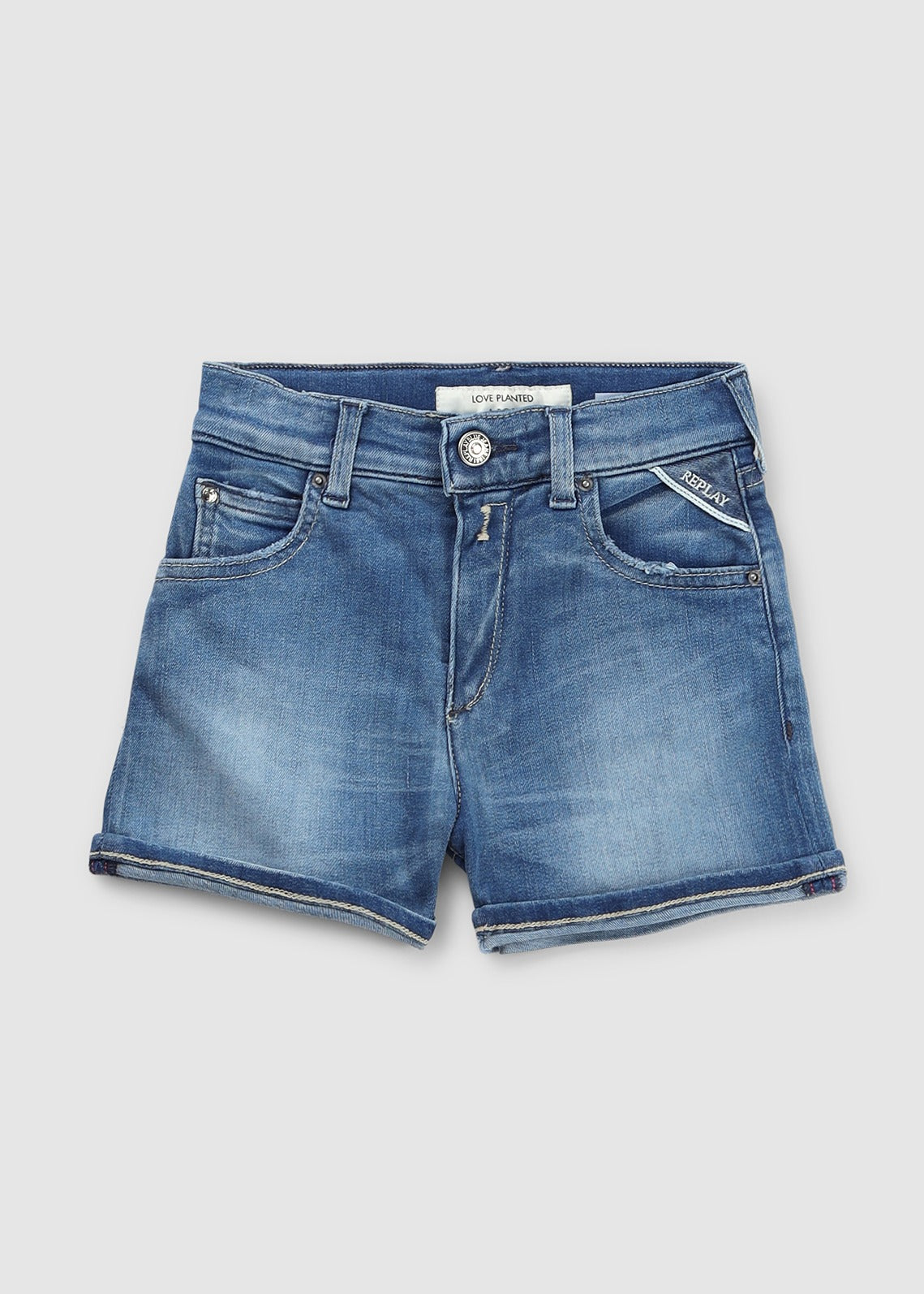 Image of Replay Kids Rose Patch Denim Shorts In Blue