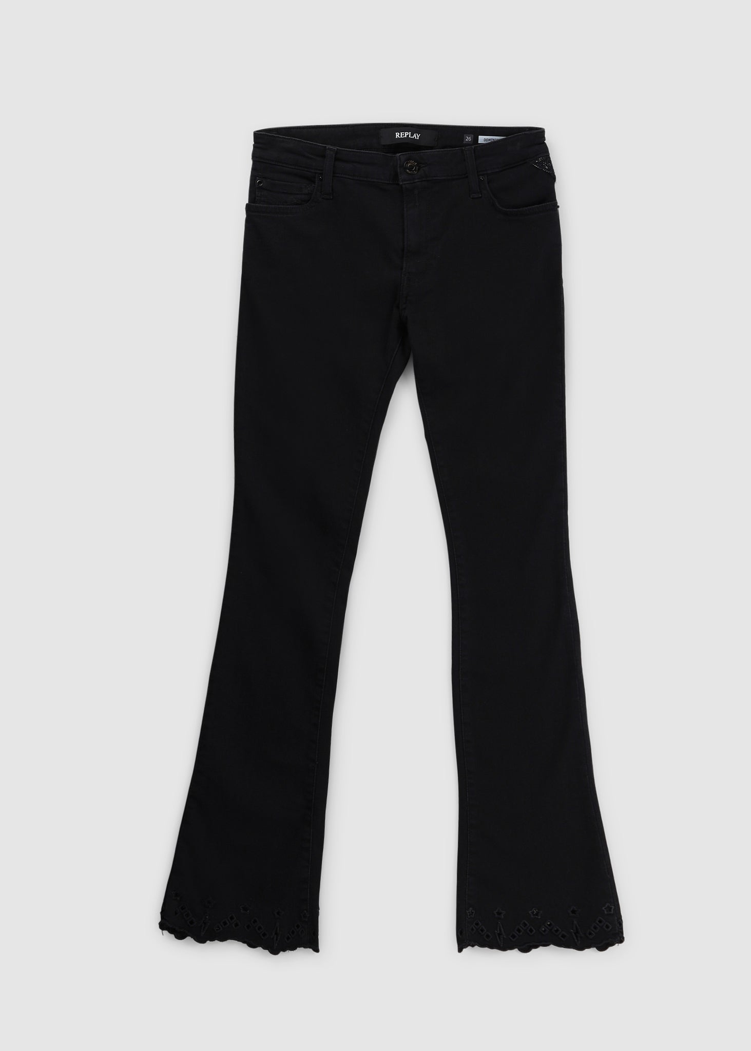 Image of Replay Womens Black Dominiqli Broderie Cropped Bootcut Jeans